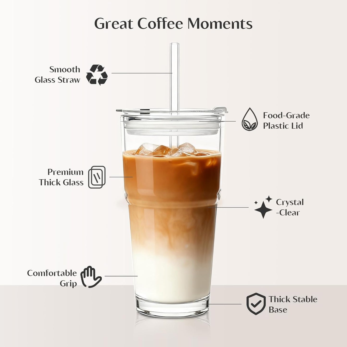 INSETLAN 13oz Portable Glass Tumblers Set of 2, Thick Wall Glass Cups with Lid and Glass Straw, On-the-Go Coffee Cups for Iced Coffee, Tea, Milk, Hot & Cold Drinks, Travel & Daily Use