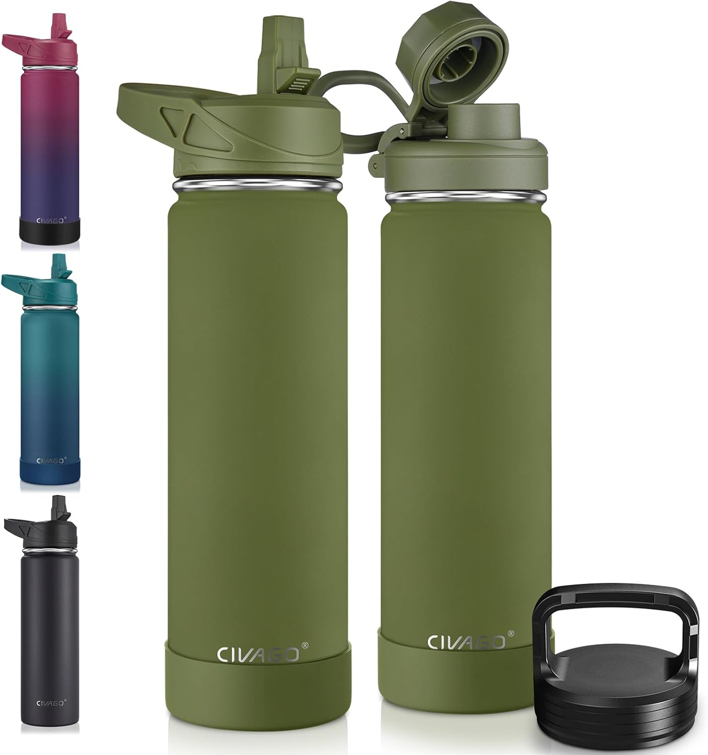 CIVAGO 32 oz Insulated Water Bottle With Straw, Stainless Steel Sports Water Cup Flask with 3 Lids (Straw, Spout and Handle Lid), Wide Mouth Travel Thermal Mug, Black