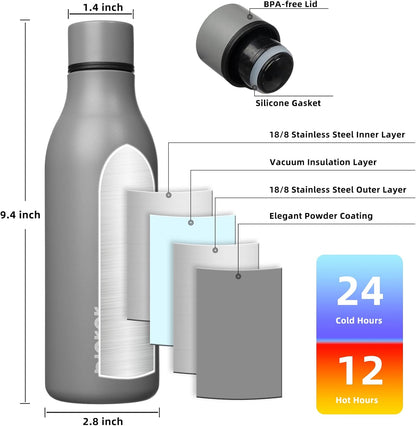 BJPKPK Insulated Water Bottles, 18 oz Stainless Steel Metal Water Bottle with Strap, BPA Free Leak Proof Jugs, Mugs, Flasks, Reusable Thermal Flasks for Sports & Travel, Black - Colors A