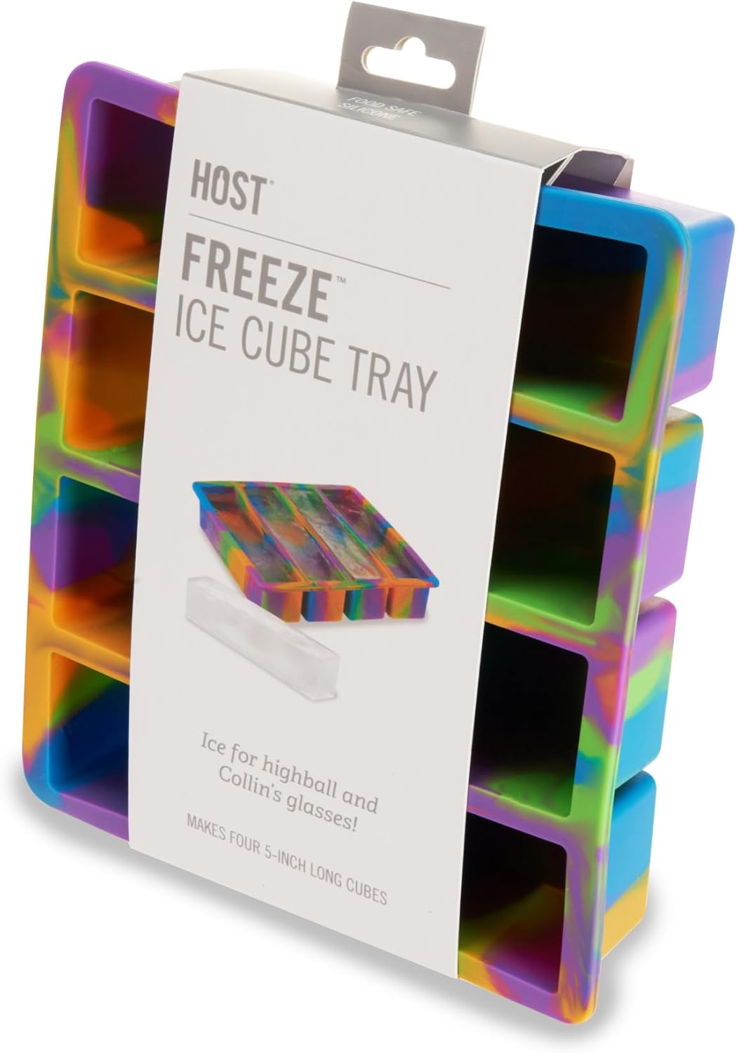 Host Ice Cube Tray, Makes Four 5-Inch Long Cubes, Durable Silicone Trays with Easy Release Design, Perfect for Water Bottles and Highball Glasses, Home Bar Accessories, Set of 1, Marble