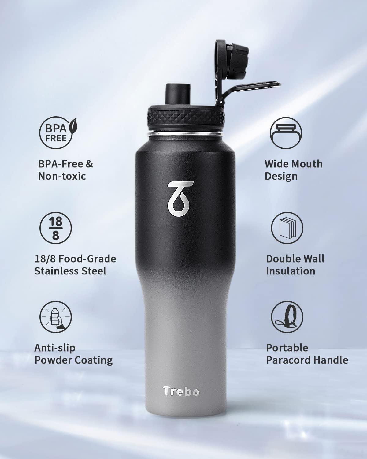 Trebo 40 oz Water Bottle Insulated Fit Car Cup Holder with Handle, Stainless Steel Water Bottles Tumbler with Spout Straw Lids, Double Wall Travel Reusable Flask, Leakproof Mug,Keep Cold &Hot,Black