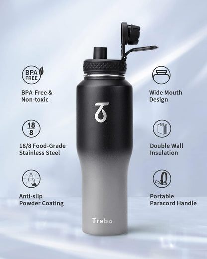 Trebo 40 oz Water Bottle Insulated Fit Car Cup Holder with Handle, Stainless Steel Water Bottles Tumbler with Spout Straw Lids, Double Wall Travel Reusable Flask, Leakproof Mug,Keep Cold &Hot,Black