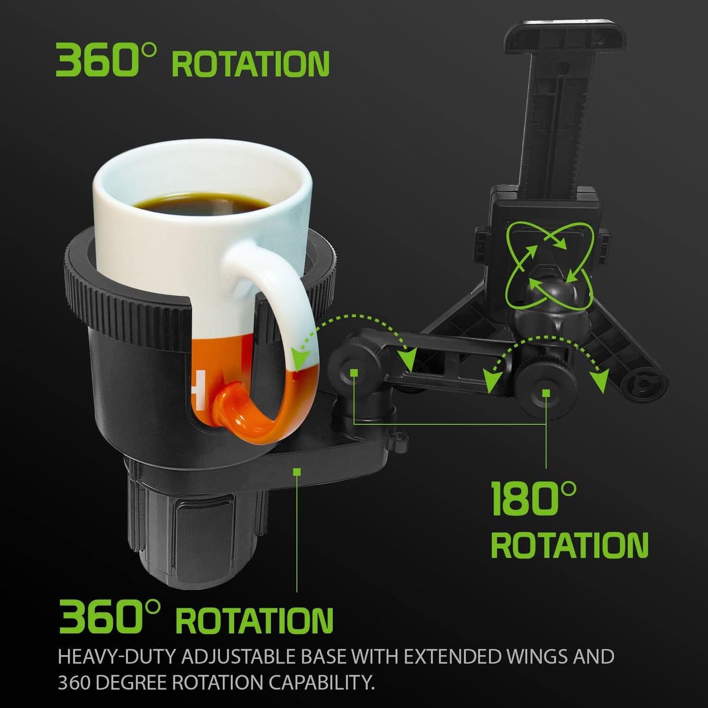 Cellet Cup Holder Tray for Car with Phone Mount – Expandable Base, 360° Rotation Food & Drink Tray with Non-Slip Surface, Adjustable Arm for Eating in Vehicle – Fits Most Standard Car Cup Holders