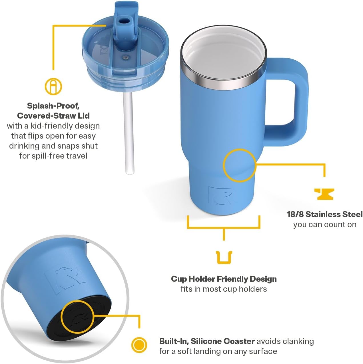 RTIC Little Road Trip Tumbler 16oz for Kids with Straw Lid and Handle, Ceramic Lined, Insulated Stainless Steel Travel Water Mug Cup, Leak-Proof, RTIC Ice Glitter