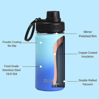 Drinco Stainless Steel Water Bottle Spout Lid Vacuum Insulated Double Wall Water Bottle Wide Mouth (40oz 32oz 22oz 18oz 14oz) Leak Proof Keep Cold Sport Camping Hiking (22 oz, 22oz Black)