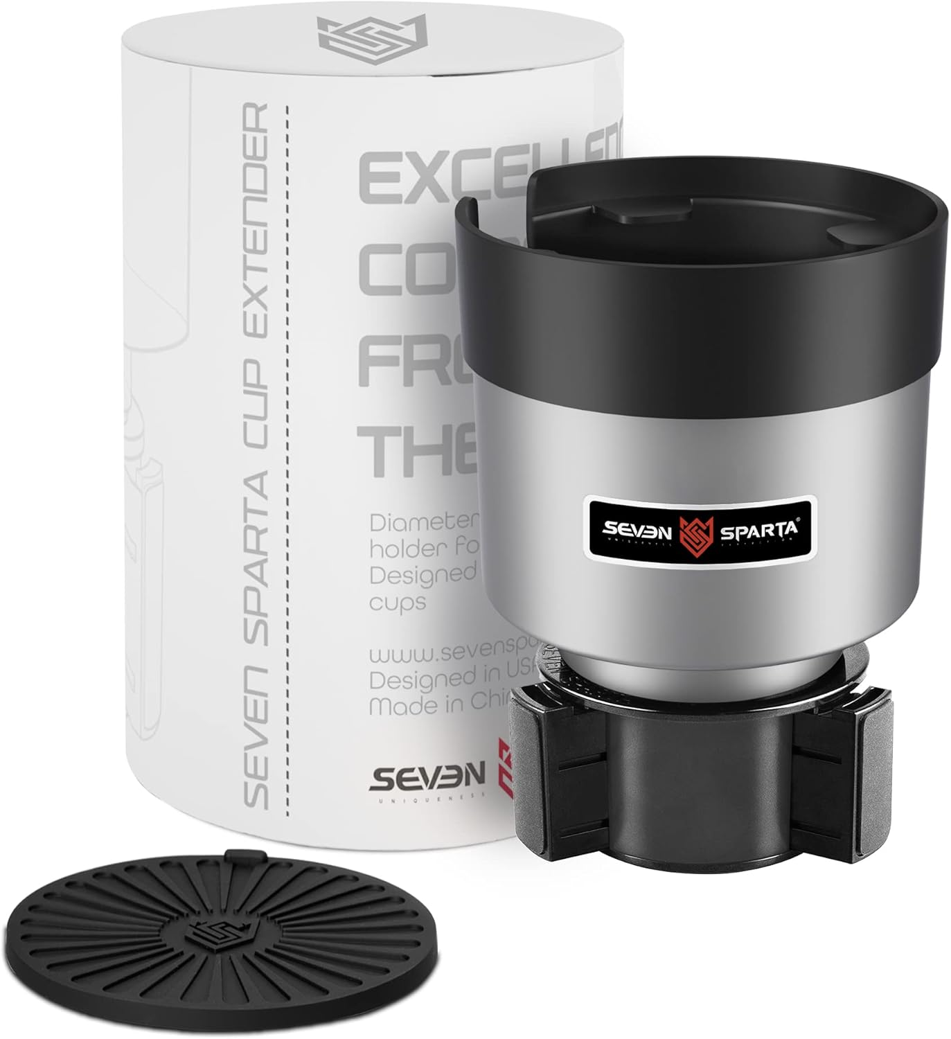 Seven Sparta Car Cup Holder Expander with Offset Adjustable Base, Compatible with Hydro Flasks 32/40 Ounce, Compatible with Yeti Ramblers 20/26/30 Ounce, Other Bottles in 3.4"-3.8" (Black)