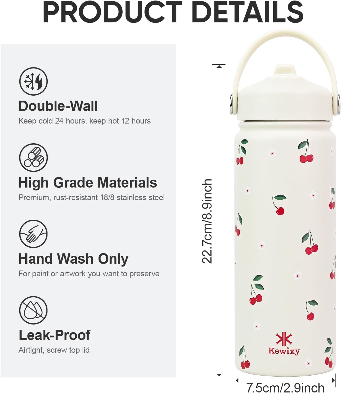 KEWIXY Kids Water Bottle for School, Easy Slide Lid, Leak Proof, Keep Cold 24H, Vacuum Insulated Tumbler, Metal Stainless Steel with Straw and Handle, for Boys&Girls (18OZ, Candy Pink)