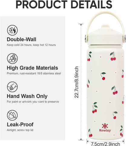 KEWIXY Kids Water Bottle for School, Easy Slide Lid, Leak Proof, Keep Cold 24H, Vacuum Insulated Tumbler, Metal Stainless Steel with Straw and Handle, for Boys&Girls (18OZ, Candy Pink)