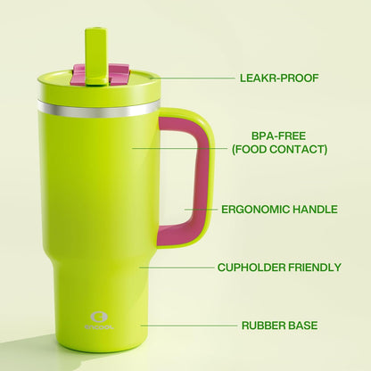 40 oz Tumbler with Handle and Straw: Stainless Steel Insulated Tumbler Keeps Cold for 24 Hours, Leakproof Travel Cup Fits in Cup Holder and BPA-Free, Cotton Candy