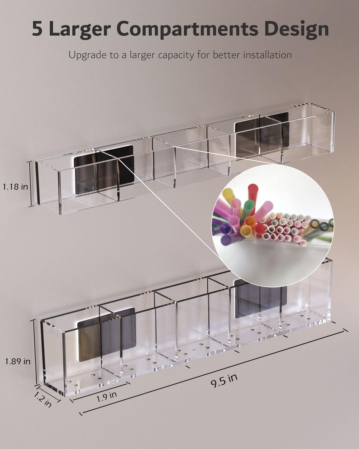 Upgraded 9.5'' Large Acrylic Straw Holder for Cabinet Door, Adjustable Space-Saving Straw Organizer Storage Dispenser for Cabinet with Ultra Sticky Adhesive Strips, 2-Part Rack, Drainage Holes