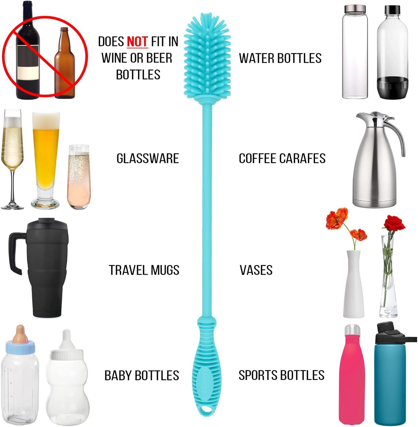 Kitchiny Silicone Bottle Brush with 2 Straw Cleaners - 12.5” Water Bottle Cleaner Brush for Yeti, Hydro Flask, Owala, Stanley, Baby Bottles, Glassware, Vases & Narrow Neck Containers - Orange