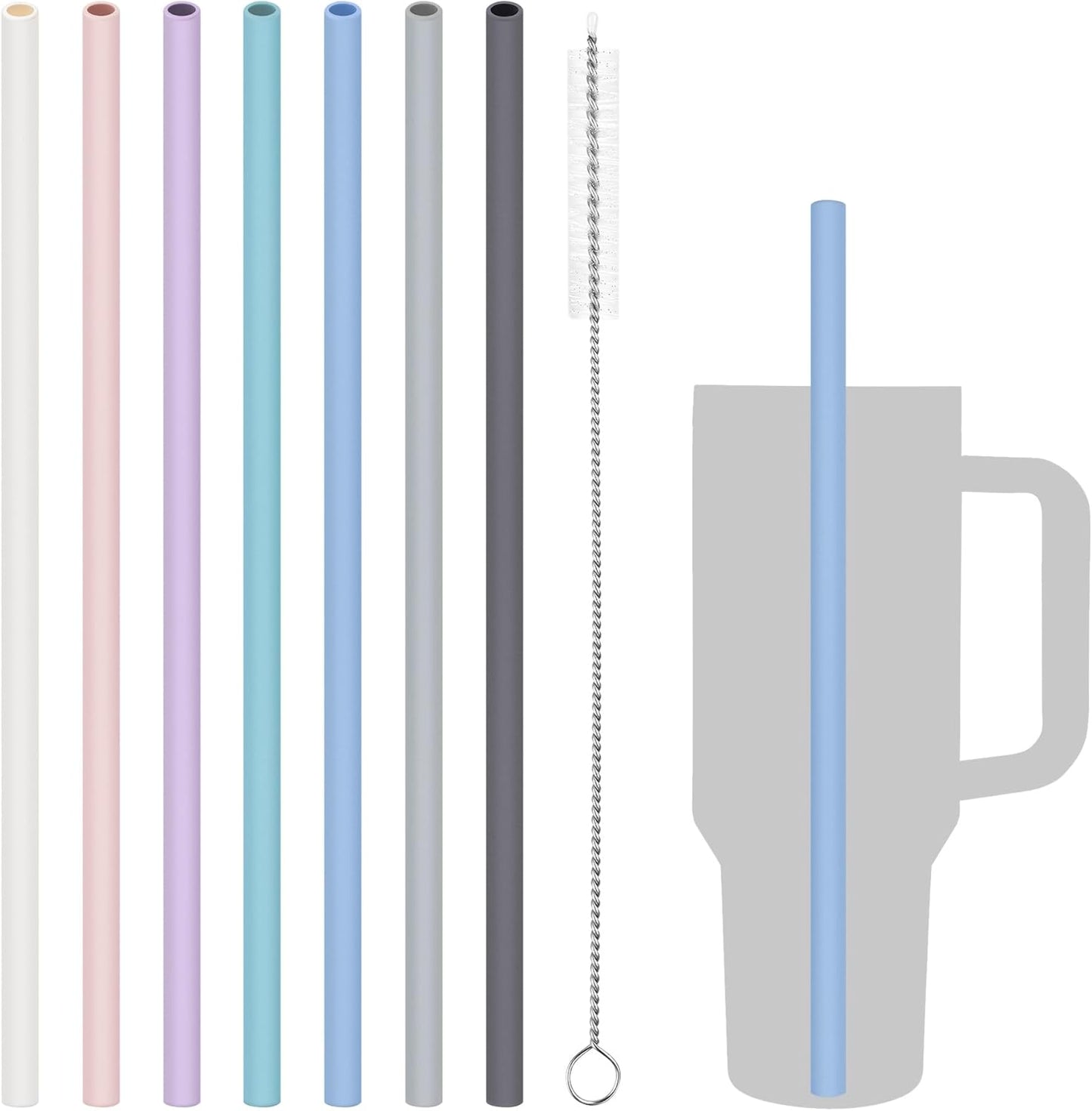 Tomorotec 15PCS Reusable Silicone Drinking Straws w/ 2 Brushes, Fit for Stanley Tumbler 40oz 30oz 20oz, 12" Long Customizable for Various Drinkware, Dishwasher Safe, BPA-Free, Safe for Teeth (Macaron)