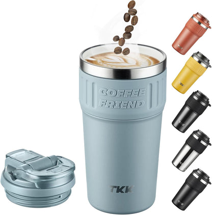 TKK Insulated Coffee Mug with Ceramic Coating, 21oz Iced Coffee Tumbler Cup with Straw Lid Double Wall Vacuum Leak Proof Travel Mug with Strap for Hot and Iced Beverage, Tungsten Steel