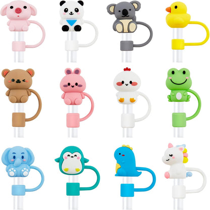 12 Pcs Silicone Straw Toppers for Stanley Cups, 3D Reusable Cute Animal Cover Caps Decoration for 40&30 oz Tumblers with DIA 10 mm Straws