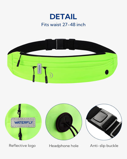 WATERFLY Running Belt Fanny Pack: Runner Marathon Jogging Waist Pack Sport Workout Exercise Fitness Phone Holder Belt for Men Women Jogger Slim Waist Bag Black