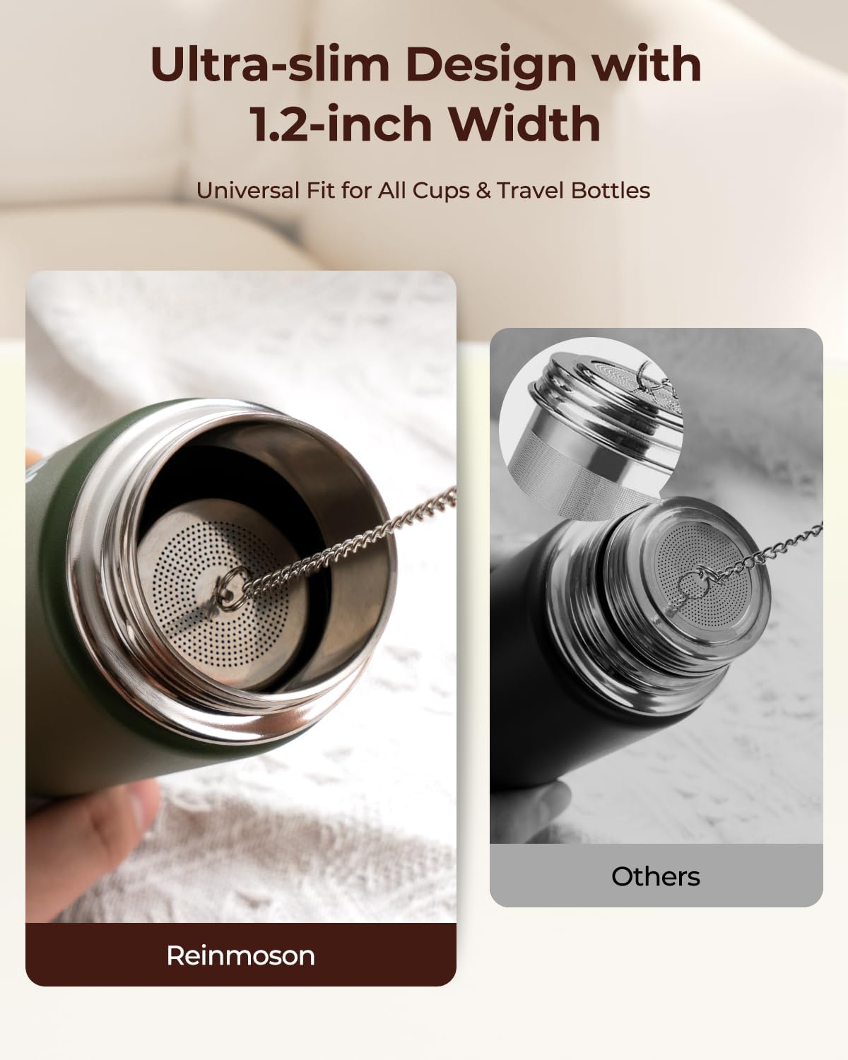 Reinmoson Tea Strainers for Loose Tea, Extra Fine Mesh Tea Infuser, 304 Stainless Steel & Updated Slim Threaded Lid, Loose Leaf Tea Steeper for Black Tea, Rooibos, etc