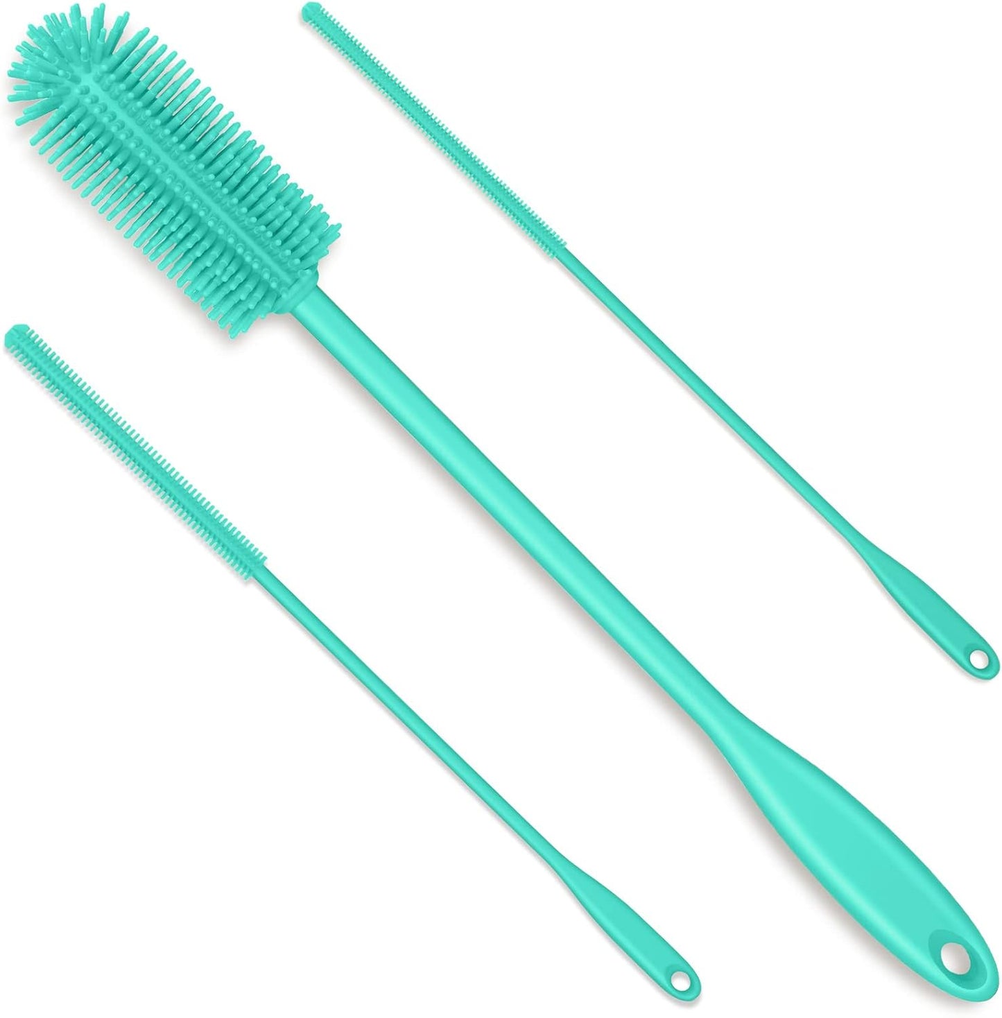 3-in-1 Silicone Bottle Brush and Straw Cleaning Brush Set, Water Bottle Cleaner for Narrow Neck Containers, Tumblers, Flask, Vase and Glassware (Turquoise)