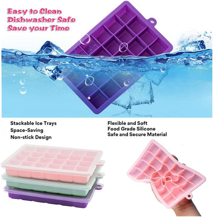 TAO CICADA Ice Cube Tray, 3 Pack Silicone Ice Cube Molds, Ice Cube Trays, Silicone Ice Trays, Easier to Release, BPA Free for Alcohol/Coffee/Beverages (Pink, Light blue, Purple)