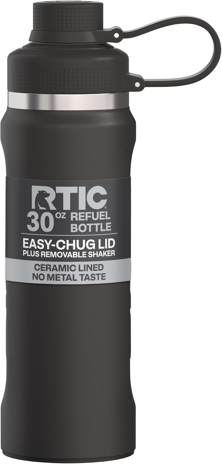 RTIC 24oz Refuel Water Bottle with Workout Protein Shaker, Insulated, Stainless Steel, Metal, Double Wall Vacuum-Insulation, Ceramic Lined, Leak-Proof Chug Lid, Tumbler, Black