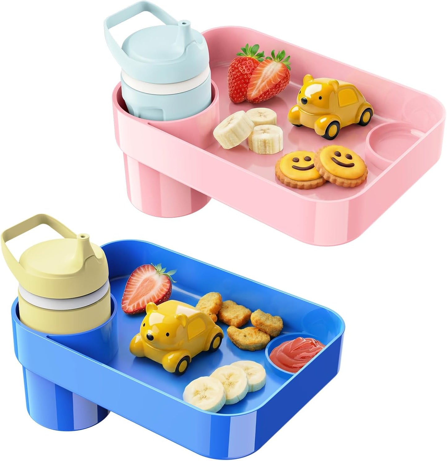 Car Seat Snack Tray for Toddlers - 3 Inch Cup Holder Fits Most Sippy Cups & Straw Bottles with Dip Well, Mess-Free Square Kids Travel Tray Road Trip Essentials, Black