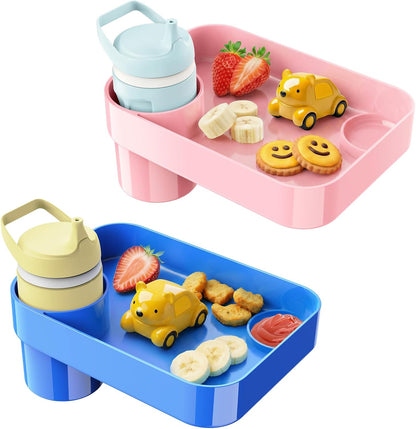 Car Seat Snack Tray for Toddlers - 3 Inch Cup Holder Fits Most Sippy Cups & Straw Bottles with Dip Well, Mess-Free Square Kids Travel Tray Road Trip Essentials, Black