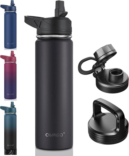 CIVAGO 32 oz Insulated Water Bottle With Straw, Stainless Steel Sports Water Cup Flask with 3 Lids (Straw, Spout and Handle Lid), Wide Mouth Travel Thermal Mug, Black
