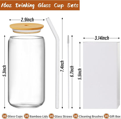 12 Pcs Glass Cups with Bamboo Lids and Straws - 16oz Glass Tumbler, Iced Coffee Cup, Can Shaped Drinking Glasses for Coffee, Tea, Smoothie, Juice, Cocktail Include 2 Cleaning Brushes