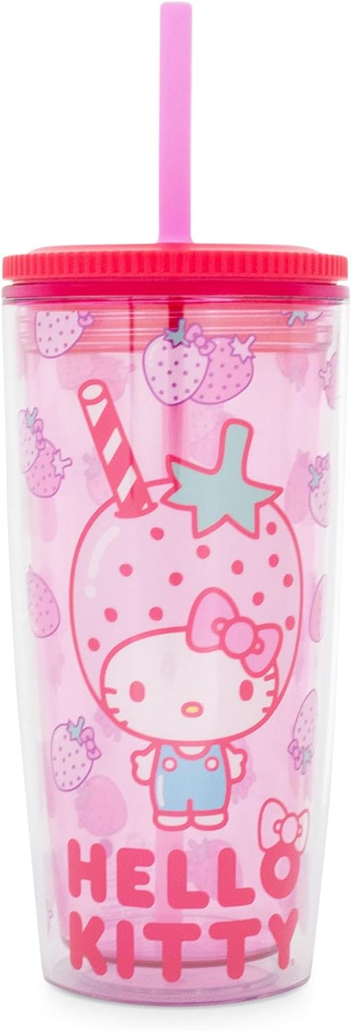 Silver Buffalo Sanrio Hello Kitty Milk Carton Pattern Plastic Boba Tumbler w Lid and Wide Straw, 24 Ounces