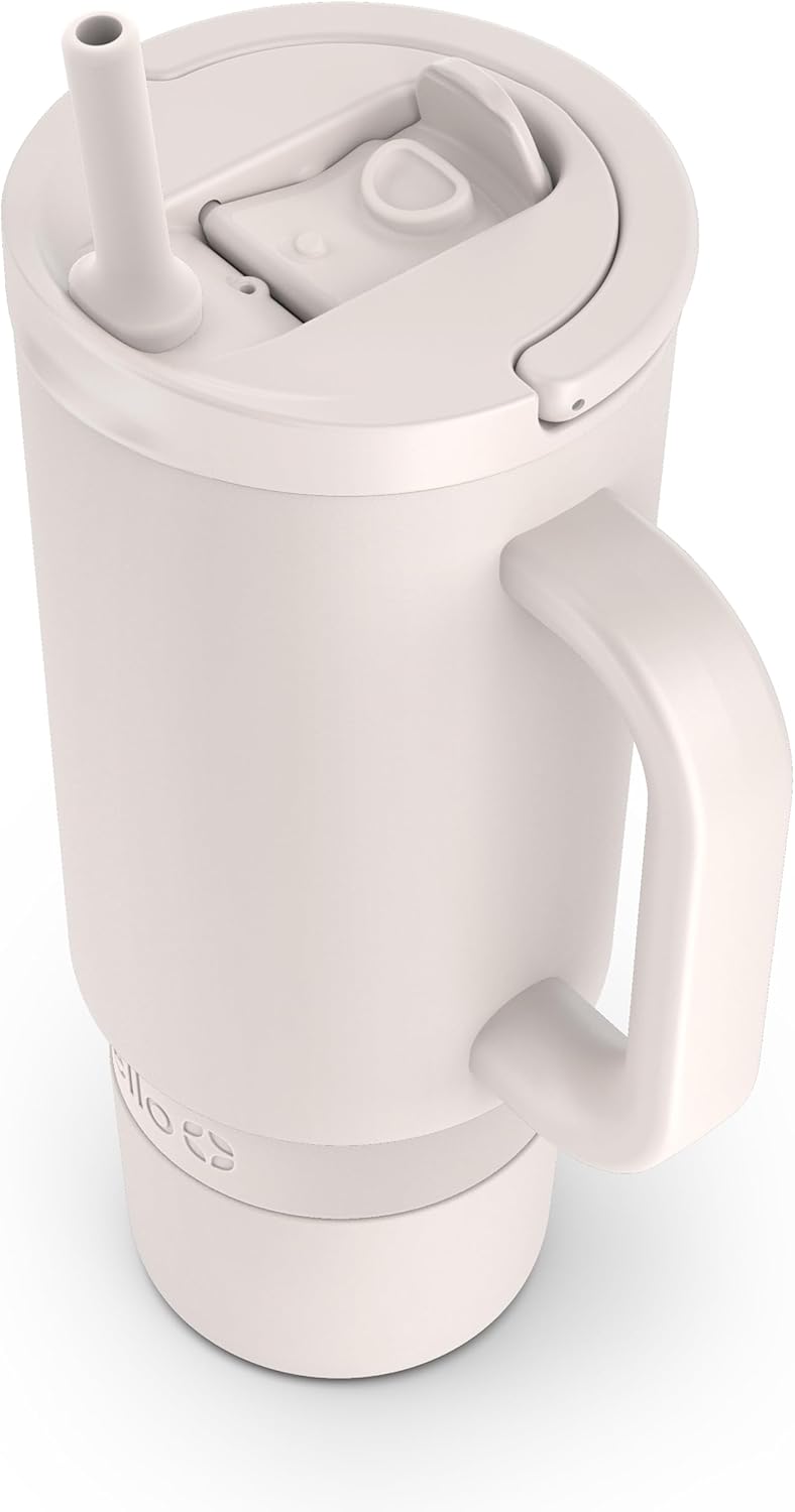 Ello Port 40oz Tumbler with Carry Loop & Integrated Handle, Vacuum Insulated Stainless Steel Reusable Water Bottle, Travel Mug with Leak Proof Lid & Straw, Perfect for Iced Coffee & Tea, White