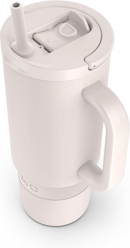 Ello Port 40oz Tumbler with Carry Loop & Integrated Handle, Vacuum Insulated Stainless Steel Reusable Water Bottle, Travel Mug with Leak Proof Lid & Straw, Perfect for Iced Coffee & Tea, White