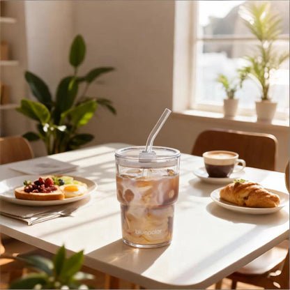 BLUEPOLAR 13oz/400ml Glass Water Tumbler with Straw and Lid Sealed Carry On Thick Wall Iced Coffee Cup Glass Cup for Water, Iced Tea Fruit Juice Etc (White-2Pack)