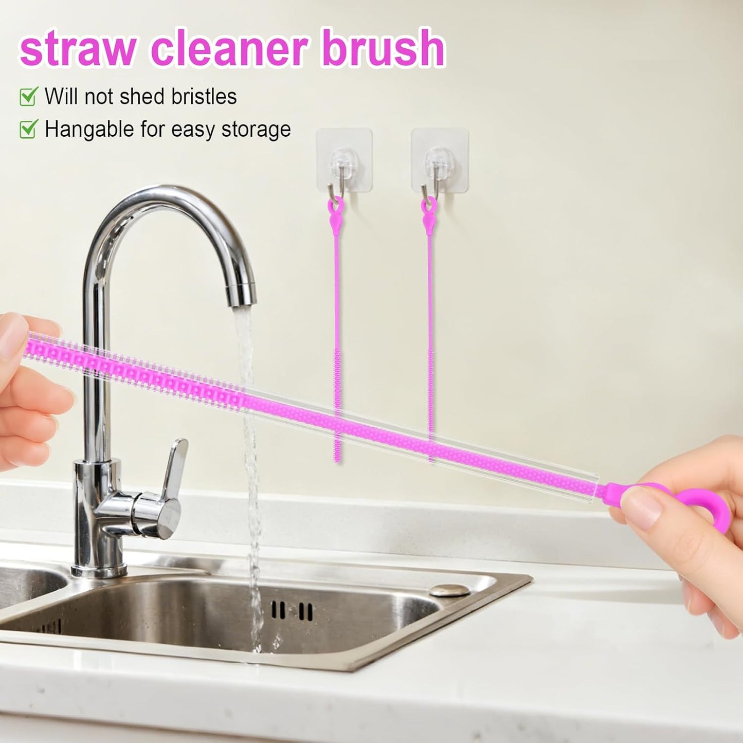 Silicone Straw Cleaner Brush, 4Pcs Reusable Straw Brush Set with Extra-Long Design for Cleaning Thin Metal Straws and Wider Milkshake Straws （6mm+9mm Pink)