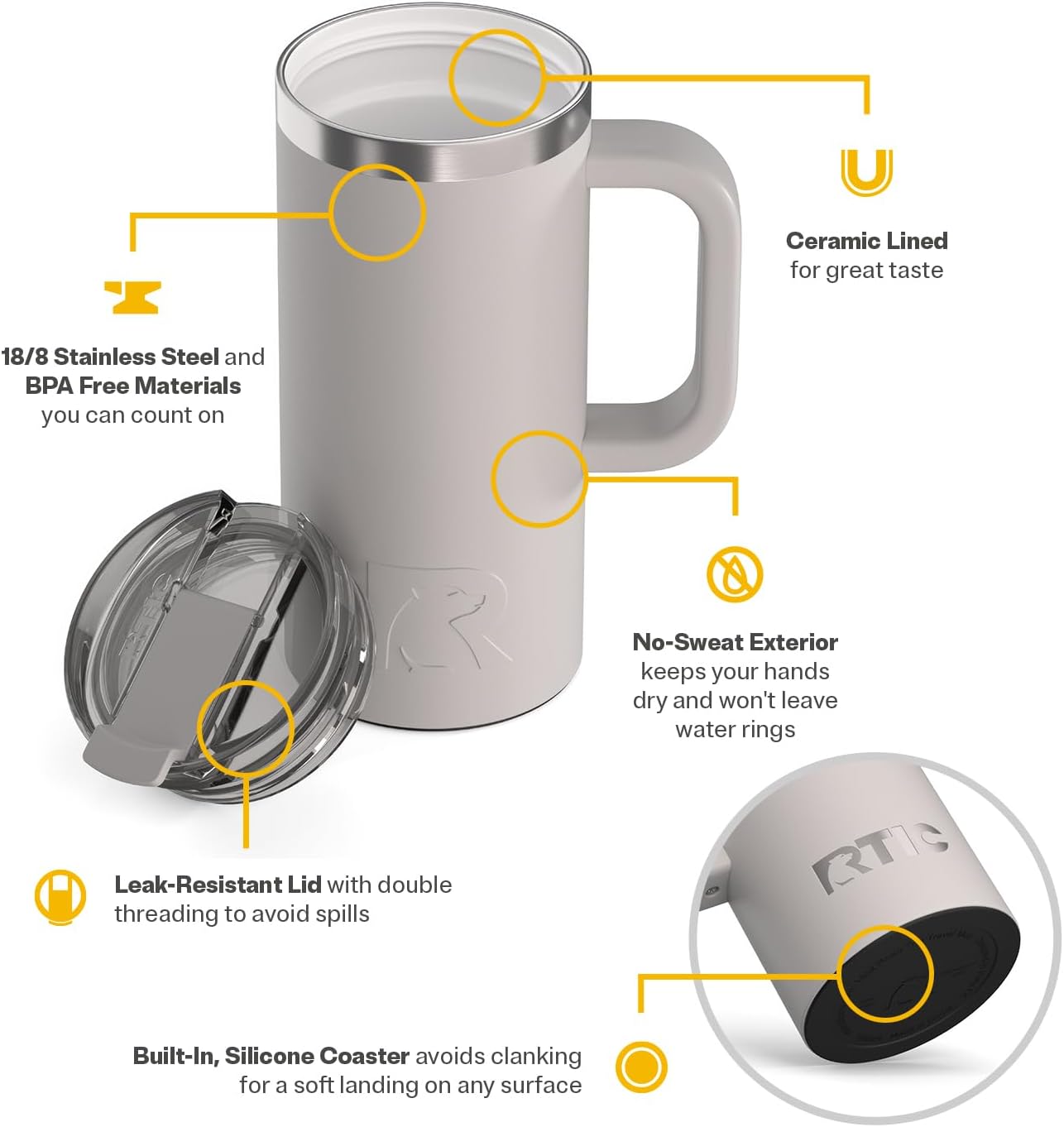 RTIC 20oz Road Trip Travel Mug with Lid and Handle, Ceramic Lined, Insulated, Stainless Steel, Metal, Double Wall Vacuum-Insulation, Portable Coffee, Tea Cup for Hot and Cold Drink, Black