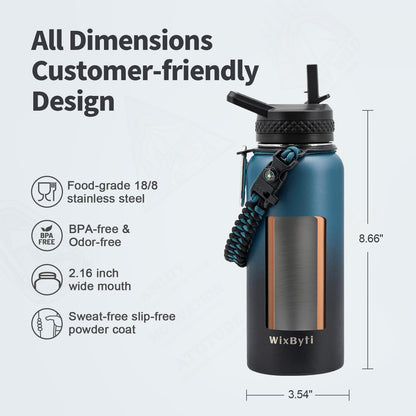 WixByti 40 oz Insulated Water Bottle with Straw (Cold for 36 Hrs), Stainless Steel Triple Wall Vacuum Sports Water Jug, Leakproof Hydro Cup Flask with Paracord Handle & Straw Spout Lids & DIY Stickers