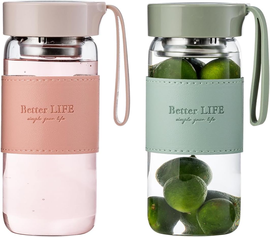 Glass Tea Bottle 16 oz Drinking Bottle with Non-Slip Holster, and Stainless Tea Infuser,Leak Proof Lid,Portable Glass Water Bottle for School, Office, Car & Home,as a gift, etc (Pink)