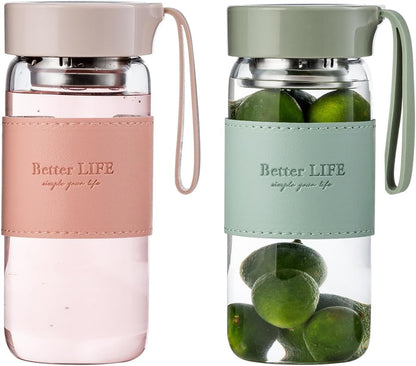 Glass Tea Bottle 16 oz Drinking Bottle with Non-Slip Holster, and Stainless Tea Infuser,Leak Proof Lid,Portable Glass Water Bottle for School, Office, Car & Home,as a gift, etc (Pink)