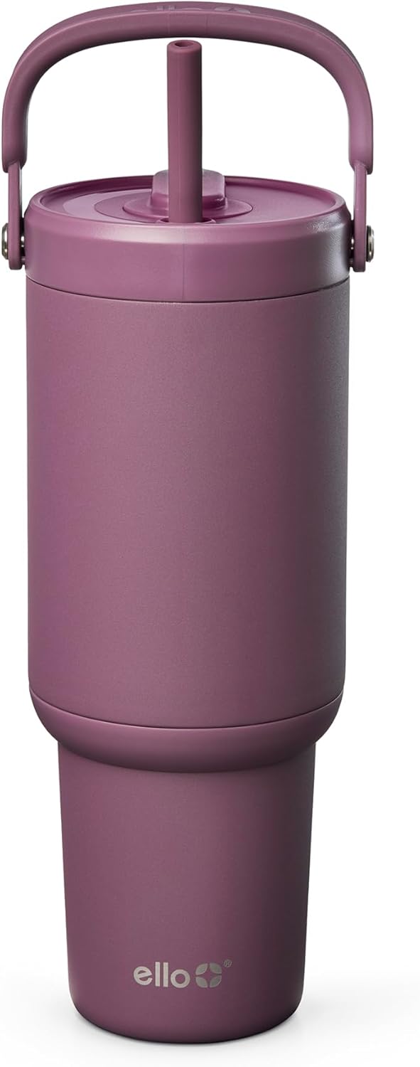 Ello Oasis Go+ 26oz Tumbler with Top Handle and Retracting Straw | Reusable Insulated Stainless Steel Cup, 100% Leakproof Water Bottle, 24 Hours Cold, Cup Holder Friendly For Travel | Wild Rasberry