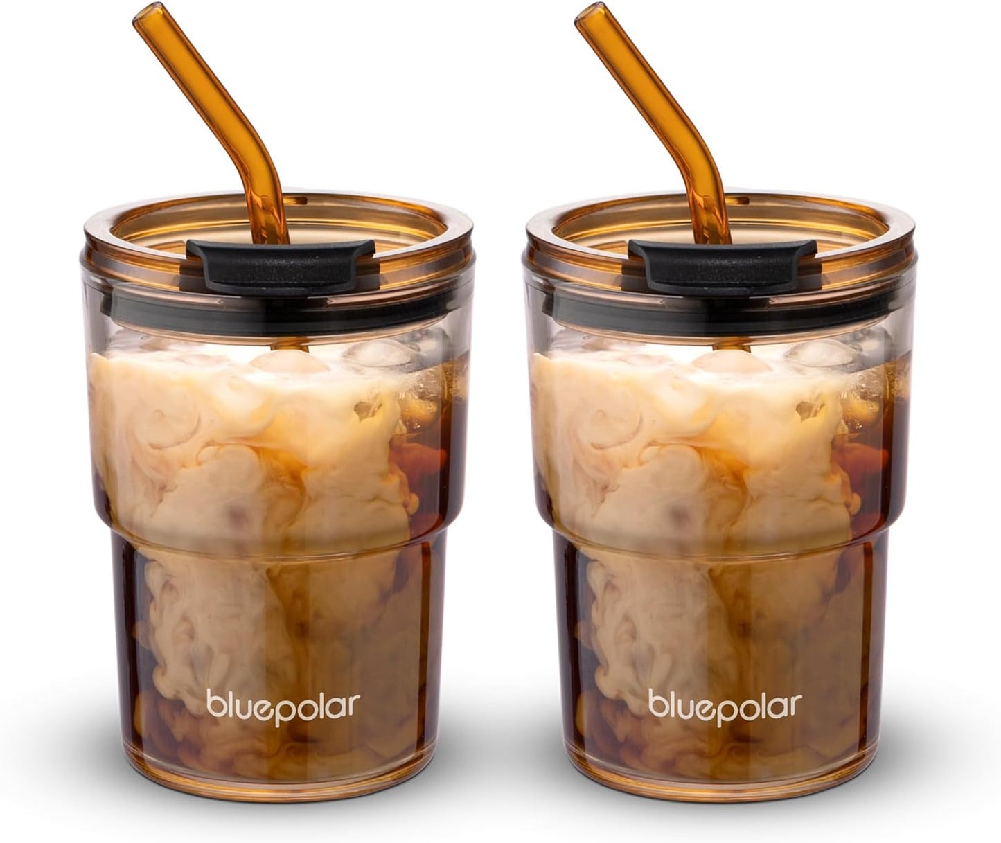BLUEPOLAR 13oz/400ml Glass Water Tumbler with Straw and Lid Sealed Carry On Thick Wall Iced Coffee Cup Glass Cup for Water, Iced Tea Fruit Juice Etc (White-2Pack)