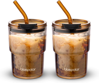 BLUEPOLAR 13oz/400ml Glass Water Tumbler with Straw and Lid Sealed Carry On Thick Wall Iced Coffee Cup Glass Cup for Water, Iced Tea Fruit Juice Etc (White-2Pack)