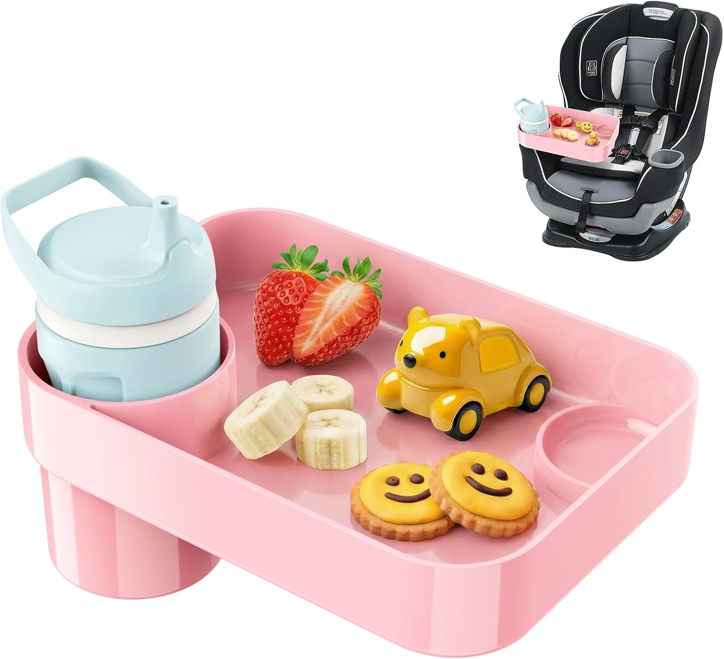 Car Seat Snack Tray for Toddlers - 3 Inch Cup Holder Fits Most Sippy Cups & Straw Bottles with Dip Well, Mess-Free Square Kids Travel Tray Road Trip Essentials, Black