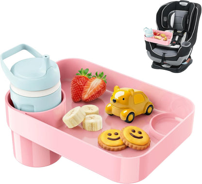 Car Seat Snack Tray for Toddlers - 3 Inch Cup Holder Fits Most Sippy Cups & Straw Bottles with Dip Well, Mess-Free Square Kids Travel Tray Road Trip Essentials, Black