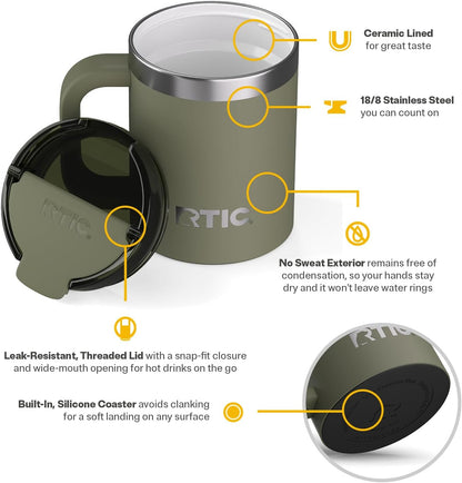 RTIC 12oz Essential Mug with Lid and Handle, Ceramic Lined, Insulated, Stainless Steel, Metal, Double Wall Vacuum-Insulation, Portable, Travel Cup for Hot and Cold Drink, Beach