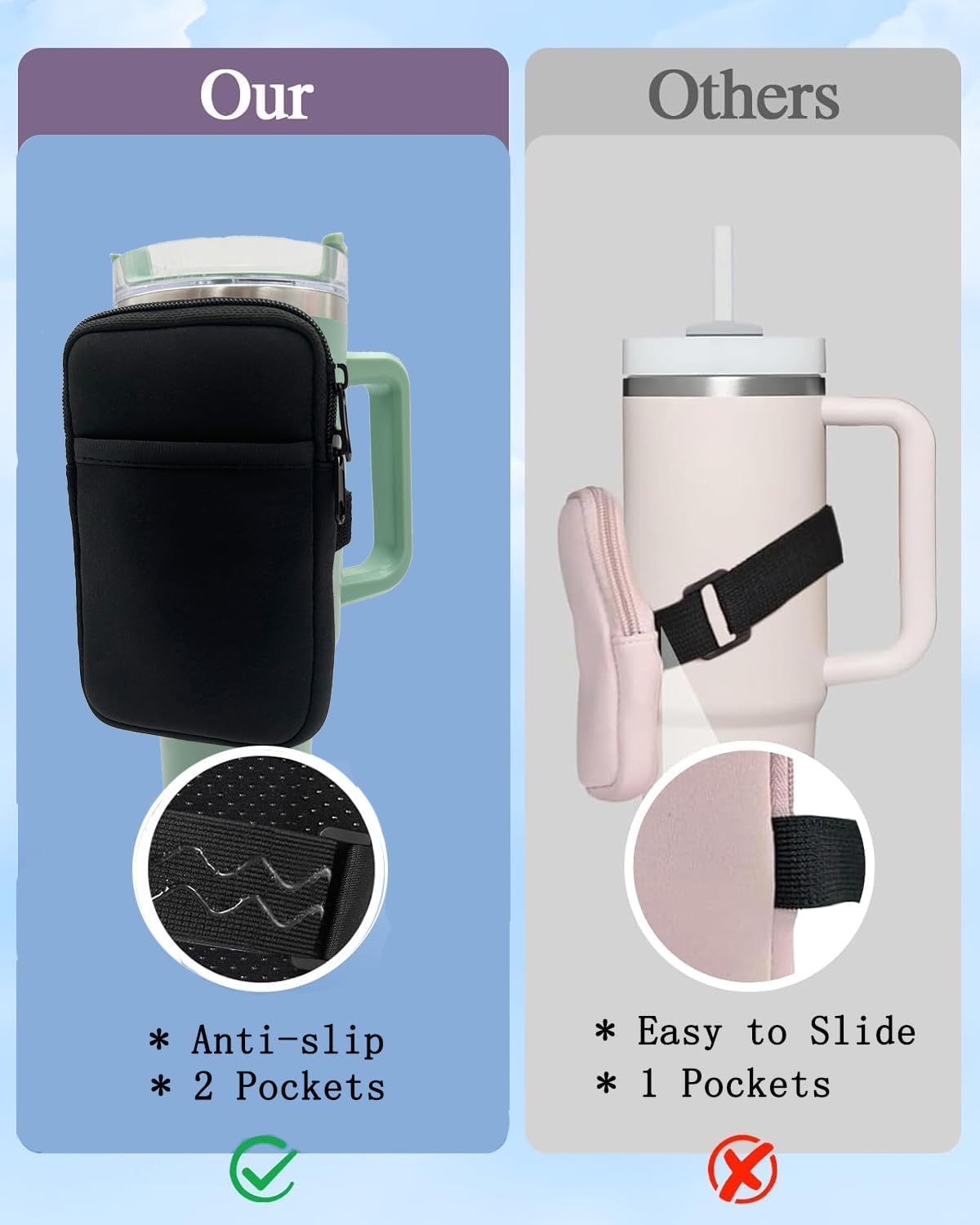 LMYUHONG Water Bottle Pouch For Stanley cup accessories 40oz 20oz 30oz,tumbler pouch with Versatile Pocket, for Cards, Keys,Earphone. Fits for Phones, Use for Running, Walking, Hiking,Biking,DeepPink