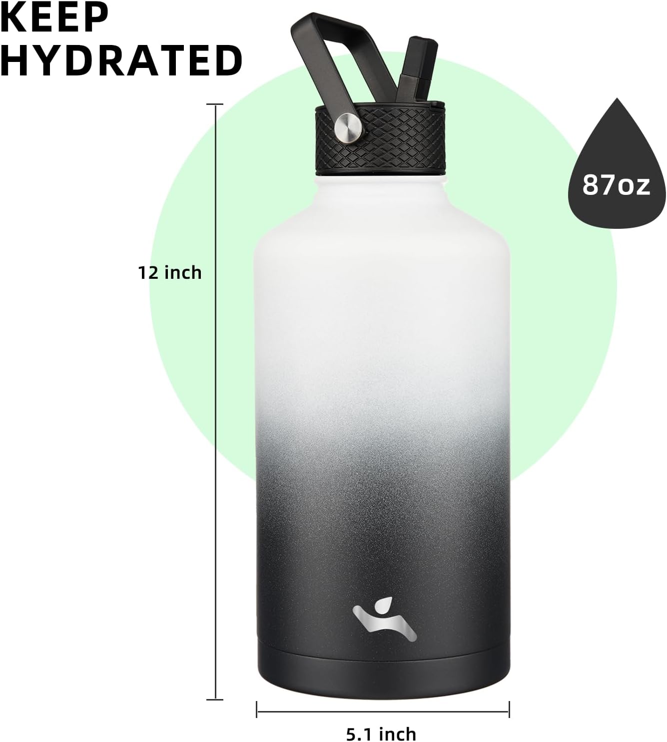 Konokyo 22oz Stainless Steel Bottles with 3 Lids Sport Insulated Water Bottle,Mint