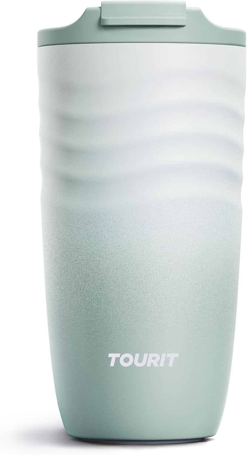 TOURIT 16 oz Travel Coffee Mug, Vacuum Insulated Stainless Steel Tumbler with Ripple-Wave Anti-Slip Grip, Built-in Silicone Bottom for Quiet & Stable, Leak-Proof Lid, Fits Car Cup Holder, Khaki
