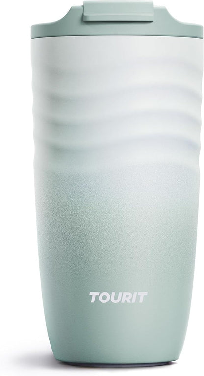 TOURIT 16 oz Travel Coffee Mug, Vacuum Insulated Stainless Steel Tumbler with Ripple-Wave Anti-Slip Grip, Built-in Silicone Bottom for Quiet & Stable, Leak-Proof Lid, Fits Car Cup Holder, Khaki
