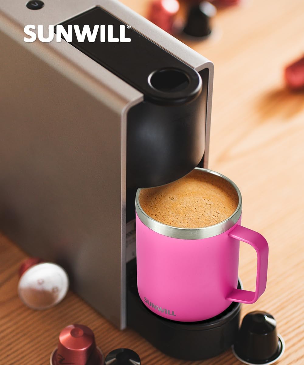 SUNWILL Travel Coffee Mug with Lid, Insulated Tumbler with Handle, 14 oz Stainless Steel Cup for Ice, Water, Tea, Rose Gold