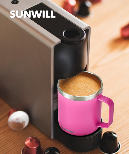SUNWILL Travel Coffee Mug with Lid, Insulated Tumbler with Handle, 14 oz Stainless Steel Cup for Ice, Water, Tea, Rose Gold