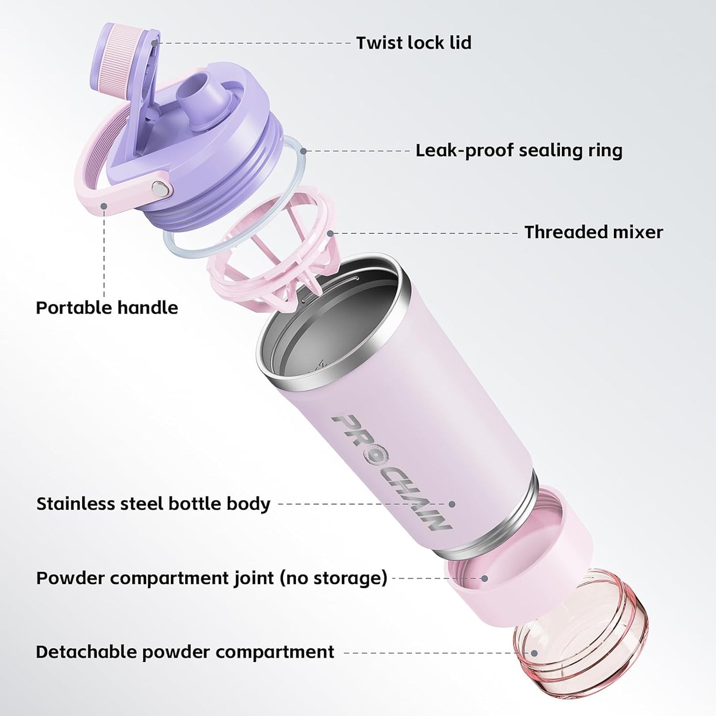 PROCHAIN Insulated Stainless Steel Shaker Bottle, Metal Shaker Cup for Protein Shakes with Storage, Leak-Proof Twist Lock Lid, Perfect for Gym Sports, 20 oz