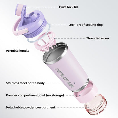 PROCHAIN Insulated Stainless Steel Shaker Bottle, Metal Shaker Cup for Protein Shakes with Storage, Leak-Proof Twist Lock Lid, Perfect for Gym Sports, 20 oz
